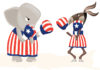 Cartoon of elephant and donkey boxing in patriotic apparel