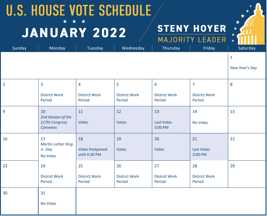 Congressional Calendar 2022 House Of Representatives Releases Legislative Calendar For 2022 – Michael  Best Strategies